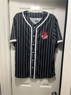 The Rolling Stones Black Pinstripe Baseball Jersey with Red Tongue Patch